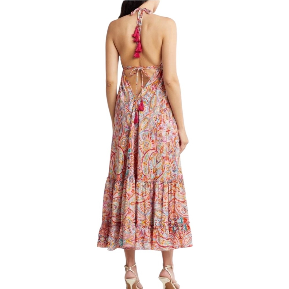 Ale Walls Silk V Neck‎ Backless Beach Dress Midi Sundress Pink Green OS